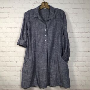 Rag Poets Curacao Dress Navy Chambray Tunic Medium Linen Blend Pockets Pullover